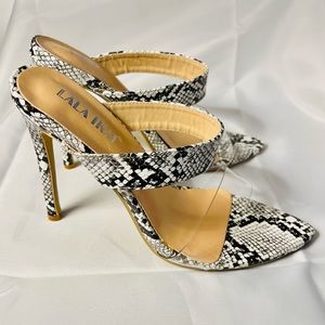 LALA IKAI Snake Print Strappy Sandals 4 Inch Heels Backless Womens SZ 38 US SZ 7